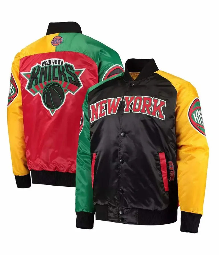New York Knick Ty Mopkins Full-Snap Varsity Multi Color Satin Men's Bomber Jacket