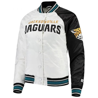 Jacksonville Jaguars Hometown Full-Snap Varsity Black and White Satin Men's Bomber Jacket