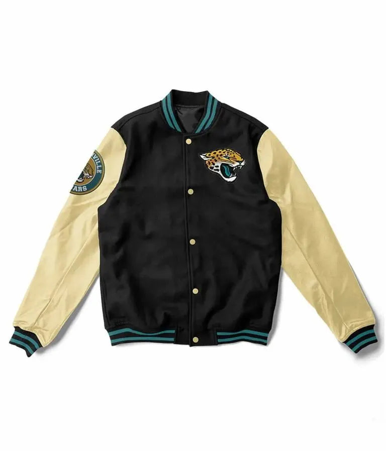 Jacksonville Jaguars Black Wool and Off-White Genuine Leather Sleeves Men's Varsity Letterman Jacket