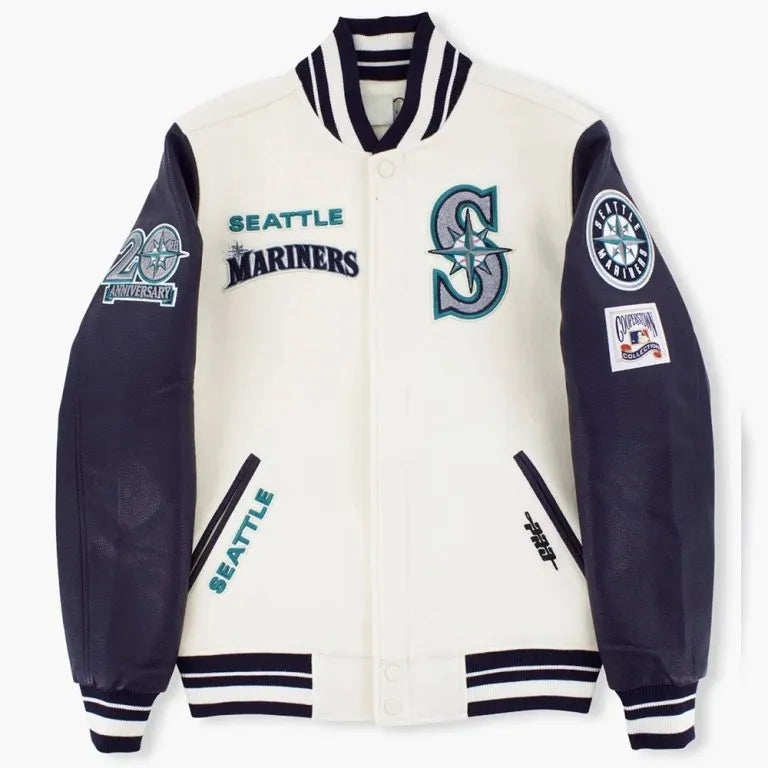 Seattle Mariners Off white Wool & Navy Blue Leather Sleeves Varsity Men's Jacket