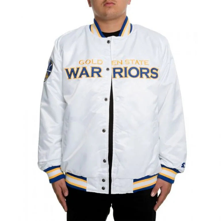 Golden State Warriors Full-Snap Varsity White Satin Men's Bomber Jacket