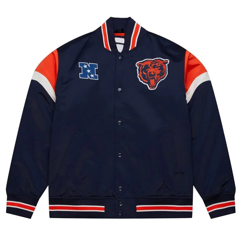 Chicago Bears Full-Snap Varsity Heavyweight Navy Blue Satin Men's Bomber Jacket