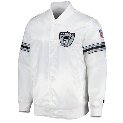 Los Angeles Raiders The Power Forward Full-Snap Varsity White Satin Men's Bomber Jacket