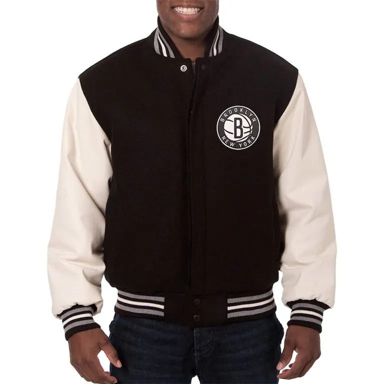 Brooklyn Nets NBA Black Wool & White Genuine Leather Sleeves Men's Varsity Letterman Jacket