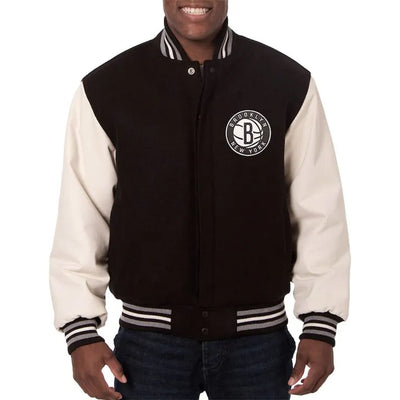Brooklyn Nets NBA Black Wool & White Genuine Leather Sleeves Men's Varsity Letterman Jacket