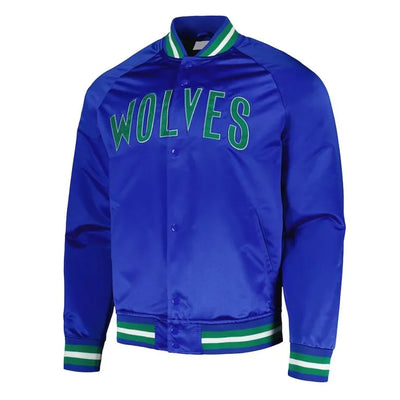 Minnesota Timberwolves Throwback Wordmark Full-Snap Varsity Blue Satin Men's Bomber Jacket