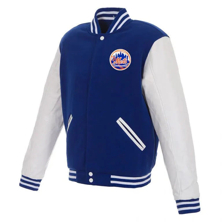 NY Mets Royal Blue Wool and White Leather Sleeves Varsity Men's Jacket