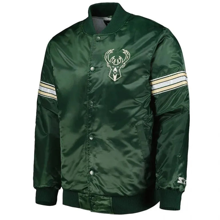 Milwaukee Bucks Pick & Roll Full-Snap Varsity Green Satin Men's Bomber Jacket