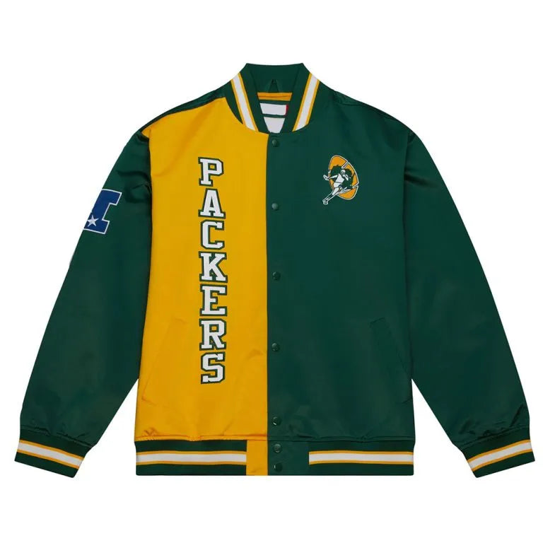 Green Bay Packers Team OG LW Full-Snap Varsity Yellow and Green Satin Men's Bomber Jacket