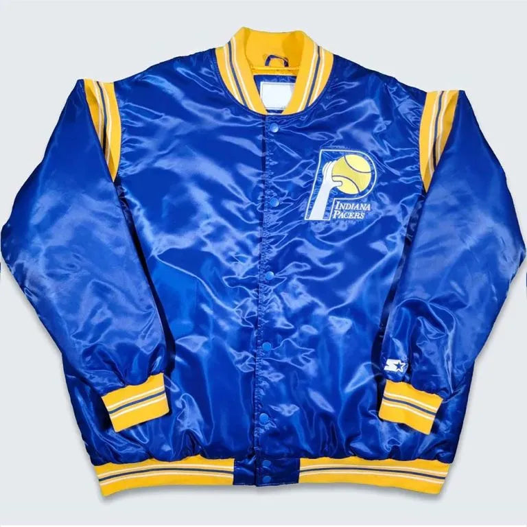 Indiana Pacers Teddy Full-Snap Varsity Royal Blue Satin Men's Bomber Jacket