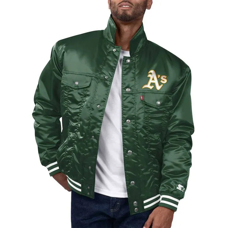 Oakland Athletics Silver Tab Trucker Full-Snap Green Satin Men's Jacket
