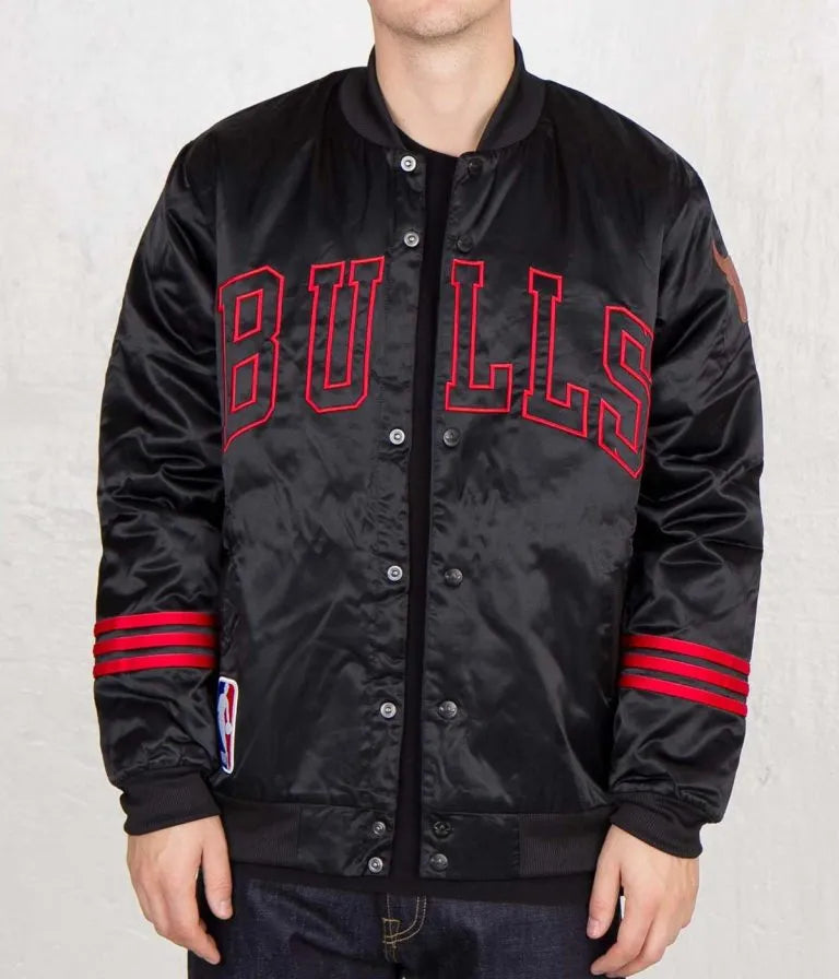 NBA Chicago Bulls Full-Snap Varsity Black Satin Men's Bomber Jacket