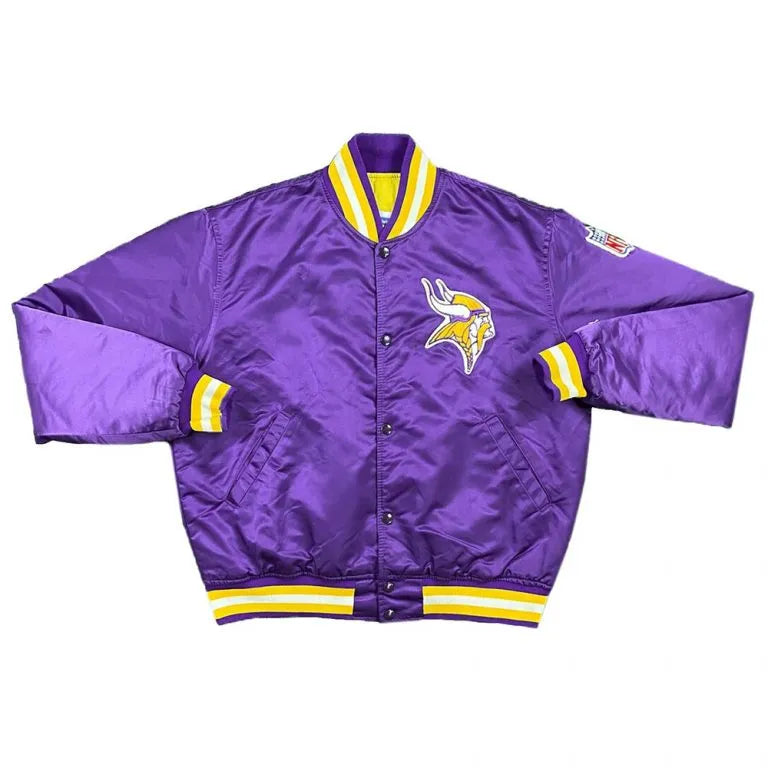 90s Minnesota Vikings Full-Snap Varsity Purple Satin Men's Bomber Jacket