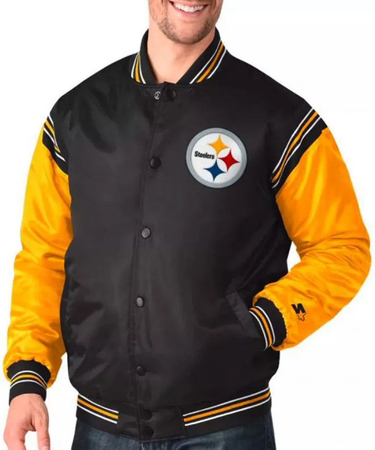 Pittsburgh Steelers Enforcer Full-Snap Varsity Black and Yellow Satin Men's Bomber Jacket