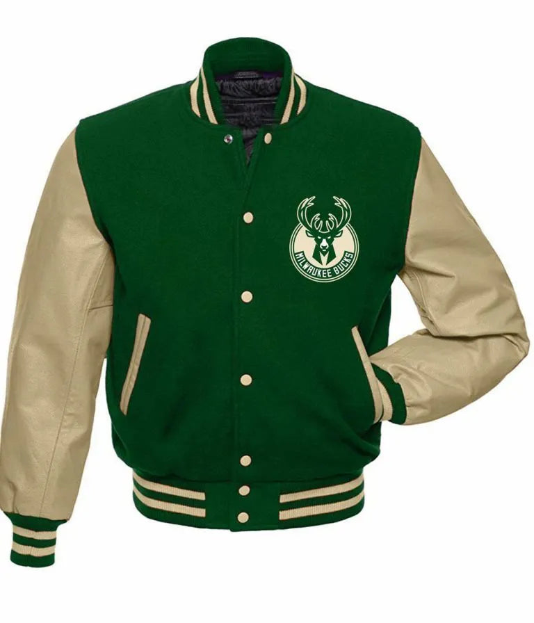 Milwaukee Bucks NBA Varsity Green Wool & Beige Genuine Leather Sleeves Men's Jacket
