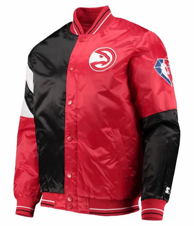 Atlanta Hawks 75th Anniversary Full-Snap Varsity Red and Black Satin Men's Bomber Jacket