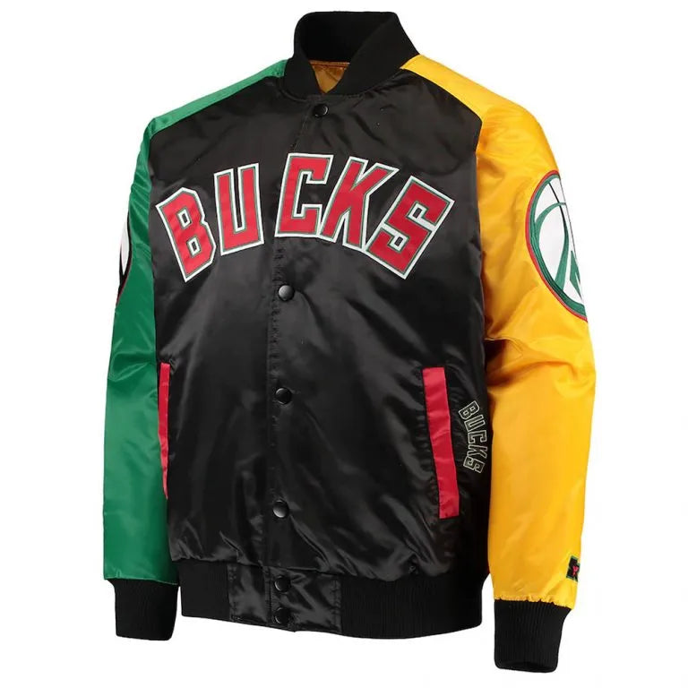 Milwaukee Bucks Ty Mopkins Full-Snap Varsity Multicolor Satin Men's Bomber Jacket