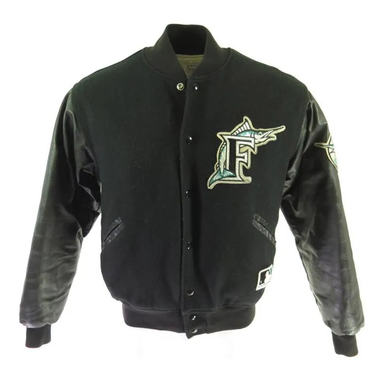 80s Florida Marlins Full-Snap Black Wool/Leather Varsity Men's Jacket