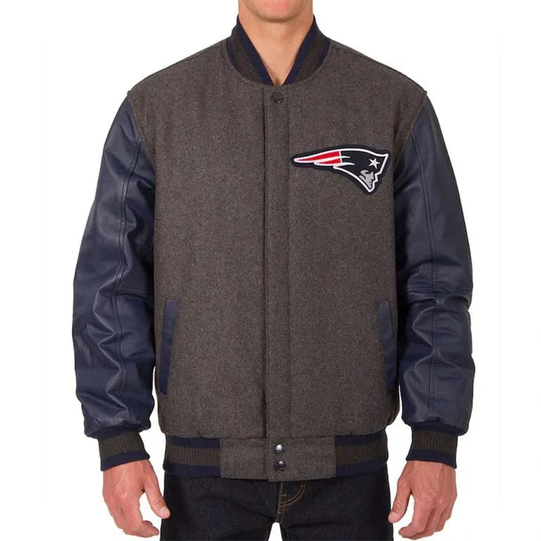 New England Patriots Charcoal Wool and Navy Blue Genuine Leather Sleeves Men's Varsity Letterman Jacket