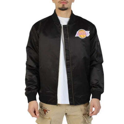 Los Angeles Lakers Vintage Logo Lightweight Full-Zip Varsity Black Satin Men's Bomber Jacket