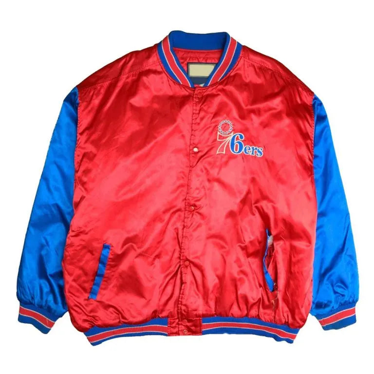 Philadelphia 76ers Classics Full-Snap Varsity Red and Blue Satin Men's Bomber Jacket