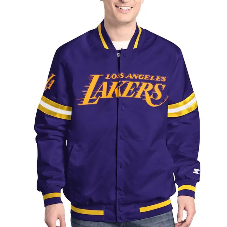 Los Angeles Lakers Scout Full-Snap Varsity Purple Satin Men's Bomber Jacket