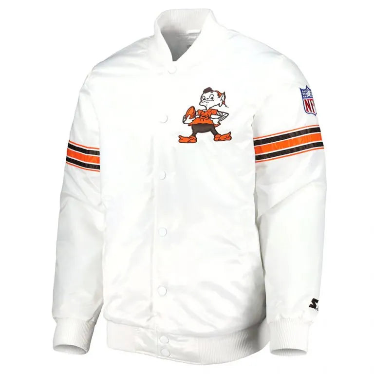 Cleveland Browns The Power Forward Full-Snap Varsity White Satin Men's Bomber Jacket