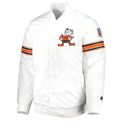 Cleveland Browns The Power Forward Full-Snap Varsity White Satin Men's Bomber Jacket
