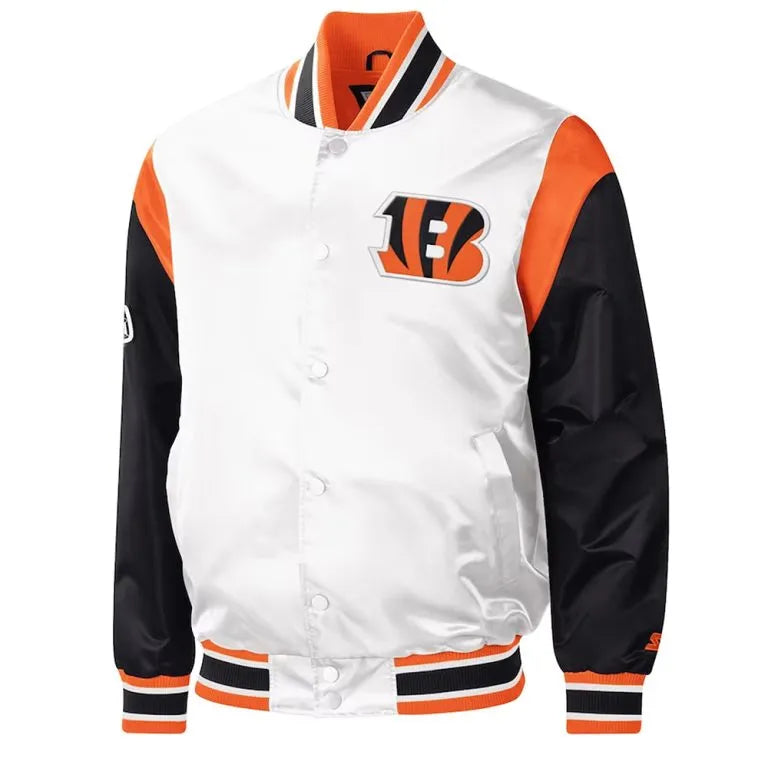Cincinnati Bengals Throwback Warm Up Pitch Full-Snap Varsity Black & White Satin Men's Bomber Jacket