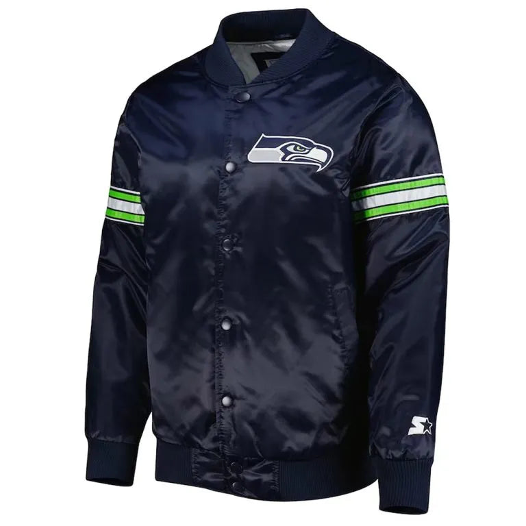 Seattle Seahawks The Pick and Roll Full-Snap Varsity Navy Blue Satin Men's Bomber Jacket