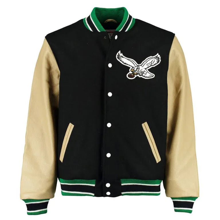Kevin Hart Philadelphia Eagles Black Wool & Beige Genuine Leather Sleeves Men's Varsity Letterman Jacket