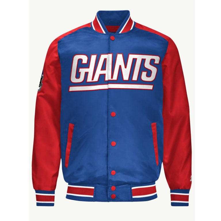 New York Giants Full-Snap Varsity Blue and Red Satin Men's Bomber Jacket