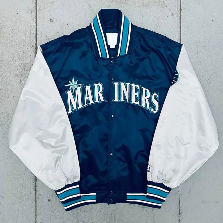 1990’s Seattle Mariners Dugout Full-Snap Navy and Silver Satin Men's Jacket