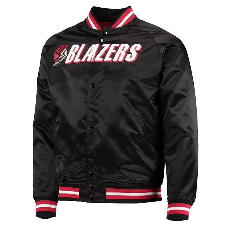 Portland Trail Blazers Throwback Wordmark Full-Snap Varsity Black Satin Men's Bomber Jacket