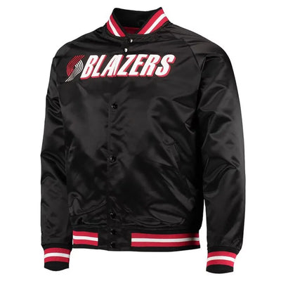 Portland Trail Blazers Throwback Wordmark Full-Snap Varsity Black Satin Men's Bomber Jacket