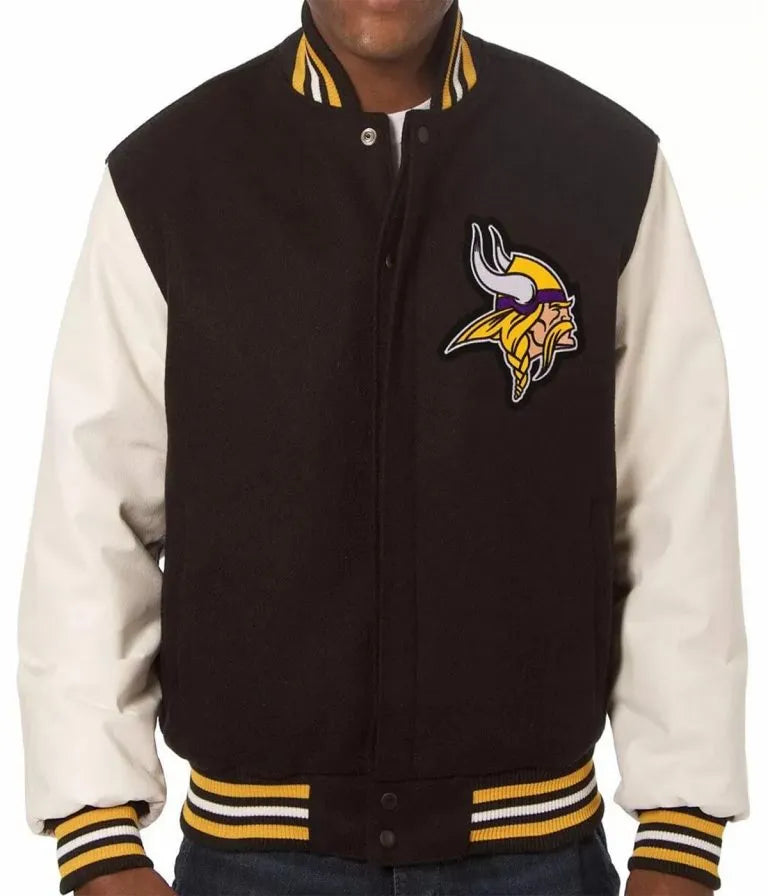 Minnesota Vikings Black Wool and White Genuine Leather Sleeves Men's Varsity Letterman Jacket