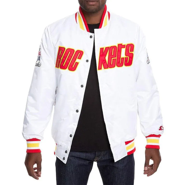 Houston Rockets Full-Snap Varsity White Satin Men's Bomber Jacket
