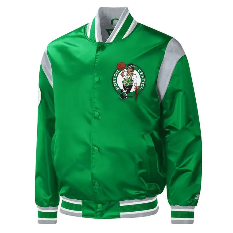 Boston Celtics Force Play Full-Snap Varsity Kelly Green Satin Men's Bomber Jacket