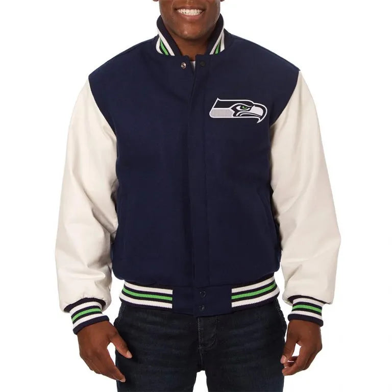 Seattle Seahawks Two-Tone Blue Wool & White Genuine Leather Sleeves Men's Varsity Letterman Jacket