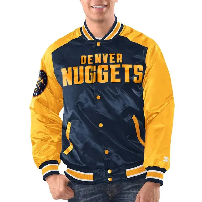 Denver Nuggets Renegade Full-Snap Varsity Navy Blue and Gold Satin Men's Bomber Jacket