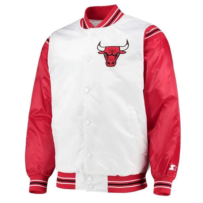 Chicago Bulls Renegade Full-Snap Varsity White/Red Satin Men's Bomber Jacket
