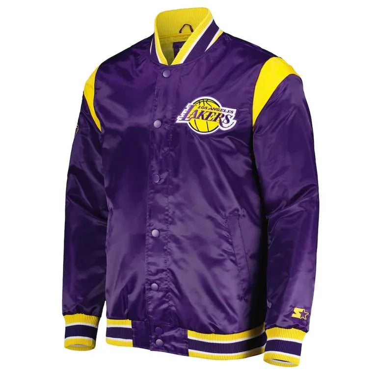 Los Angeles Lakers Force Play Full-Snap Varsity Purple Satin Men's Bomber Jacket