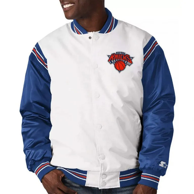 New York Knick Renegade Full-Snap Varsity White & Blue Satin Men's Bomber Jacket