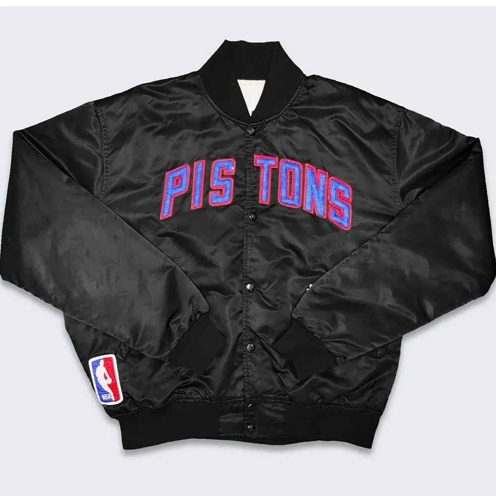 80’s Detroit Pistons Full-Snap Varsity Black Satin Men's Bomber Jacket