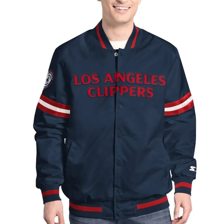 Los Angeles Clippers Scout Full-Snap Varsity Navy Blue Satin Men's Bomber Jacket