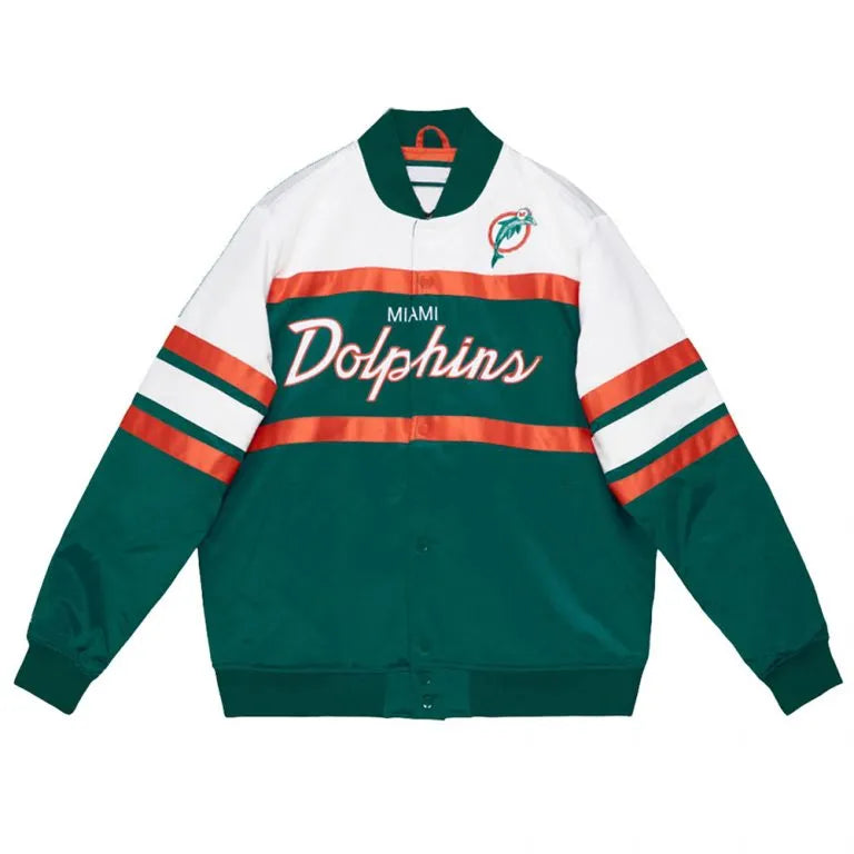 Miami Dolphins Heavyweight Special Script Full-Snap Varsity Green & White Satin Men's Bomber Jacket
