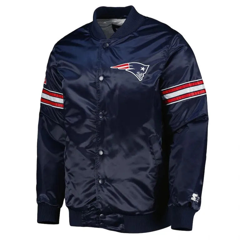 New England Patriots The Pick and Roll Full-Snap Varsity Navy Blue Satin Men's Bomber Jacket