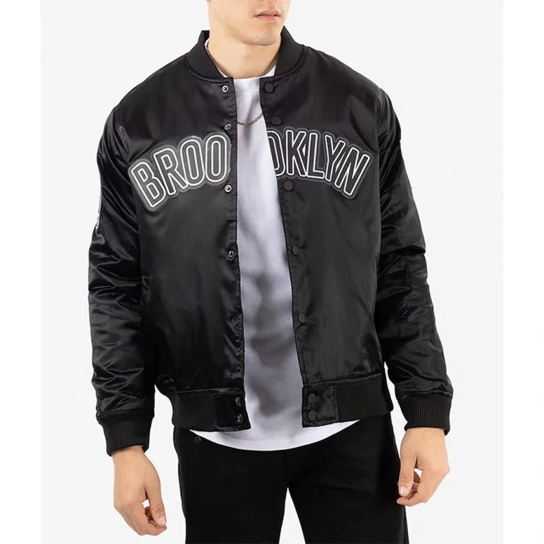 Brooklyn Nets Full-Snap Varsity Black Satin Men's Bomber Jacket
