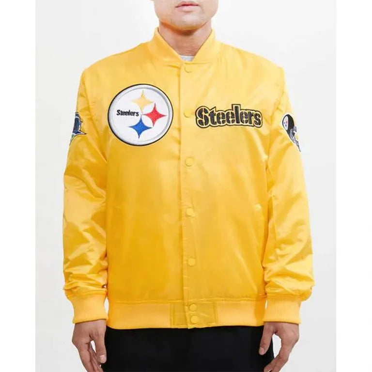 Pittsburgh Steelers Chest Hit Logo Full-Snap Varsity Yellow Satin Men's Bomber Jacket