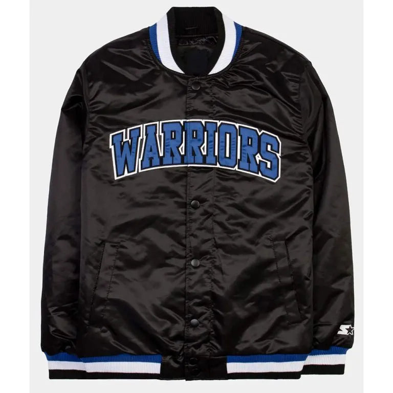 Golden State Warriors Exclusive Full-Snap Varsity Black Satin Men's Bomber Jacket